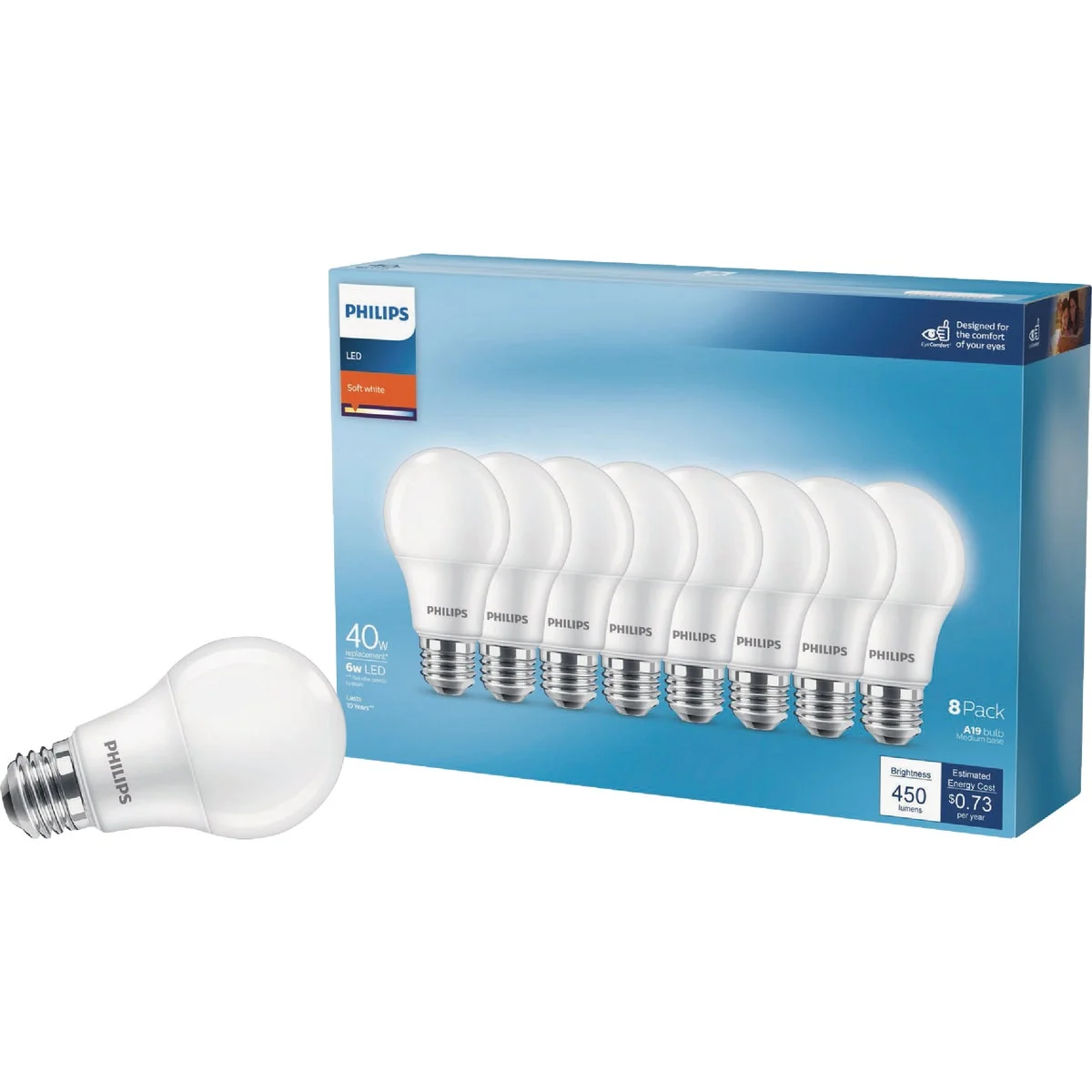 Natural Philips 40W Equivalent Soft White A19 Medium LED Light Bulb 8-Pack Consistent