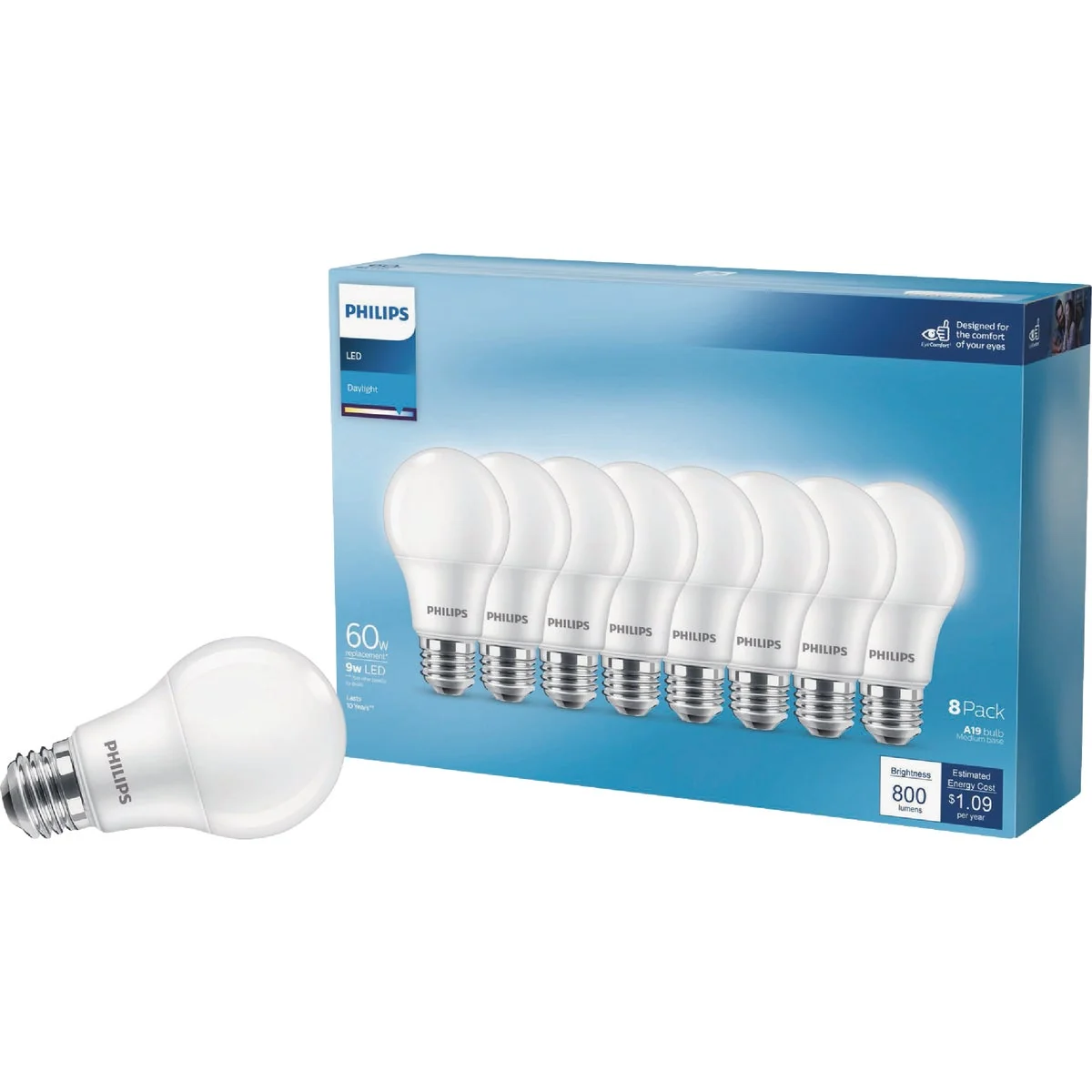 Breathable Philips 60W Equivalent Daylight A19 Medium LED Light Bulb 8-Pack Versatile
