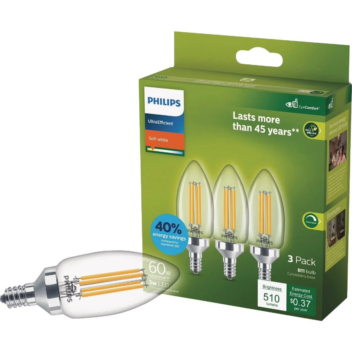 High-End Philips Ultra Efficient 40W Equivalent Soft White B11 LED Light Bulb 3-Pack Green