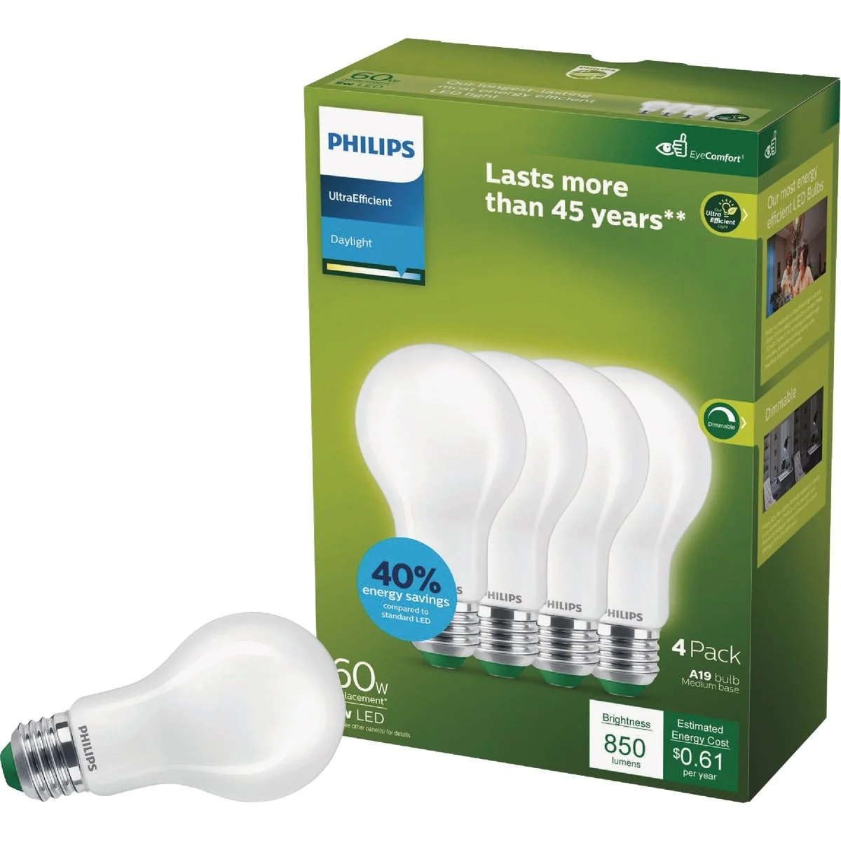 Contemporary Philips Ultra Efficient 60W Equivalent Daylight Frosted A19 LED Bulb 4-Pack Trendy