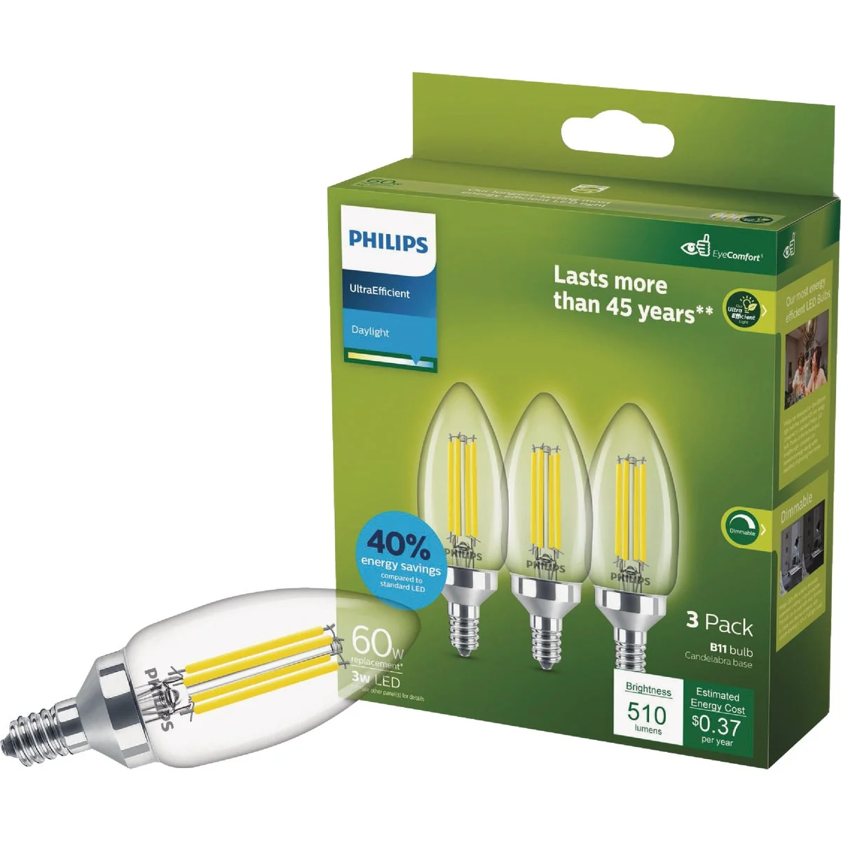 Genuine Philips Ultra Efficient 40W Equivalent Daylight B11 LED Light Bulb 3-Pack Detailed