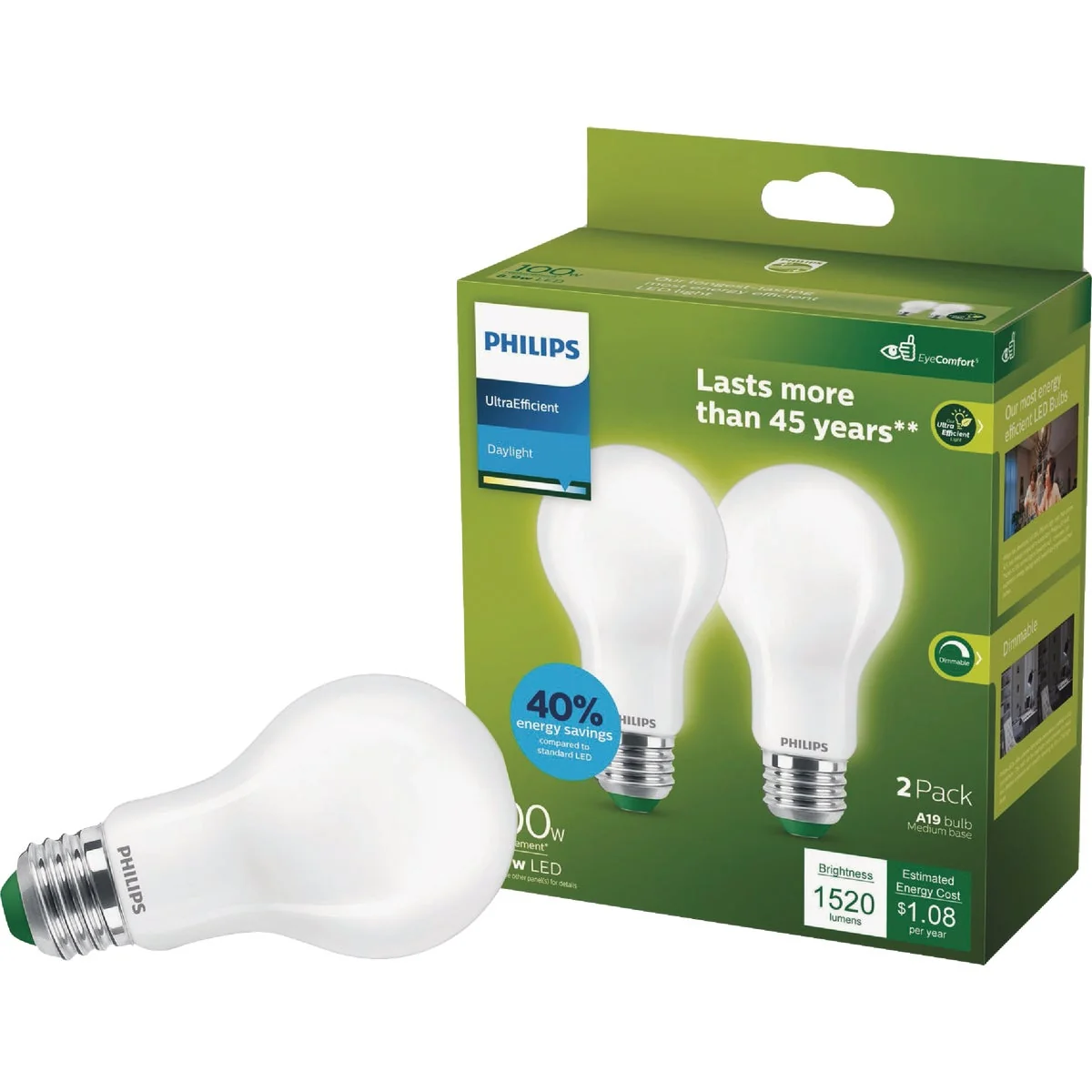 Excellent Philips Ultra Efficient 100W Equivalent Daylight Frosted A19 LED Bulb 2-Pack Selected