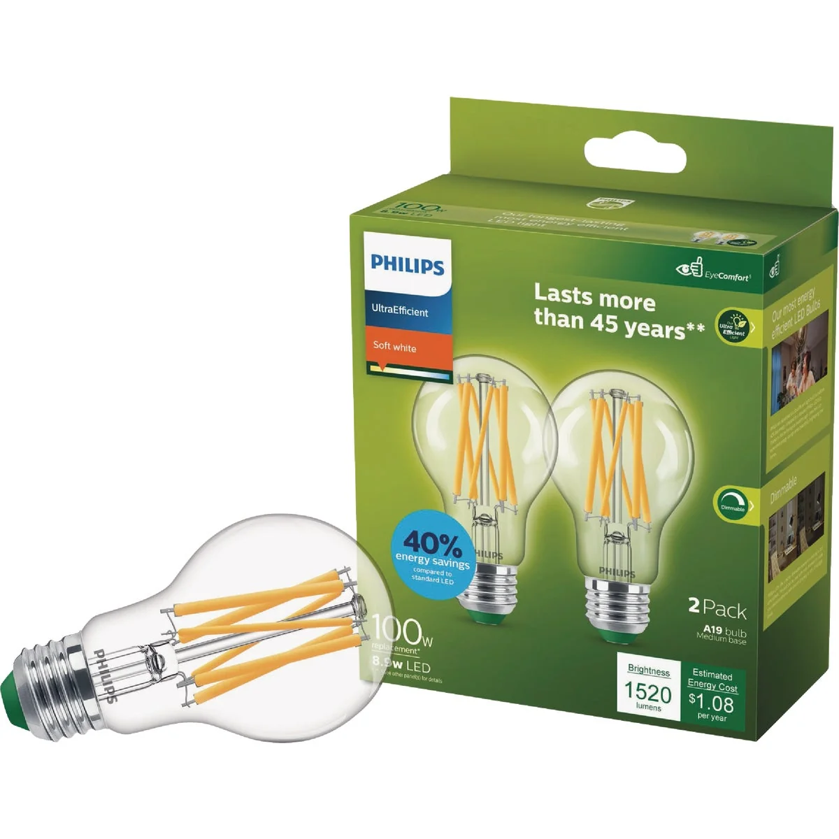 Luxury Philips Ultra Efficient 100W Equivalent Soft White Clear A19 LED Bulb 2-Pack High-End