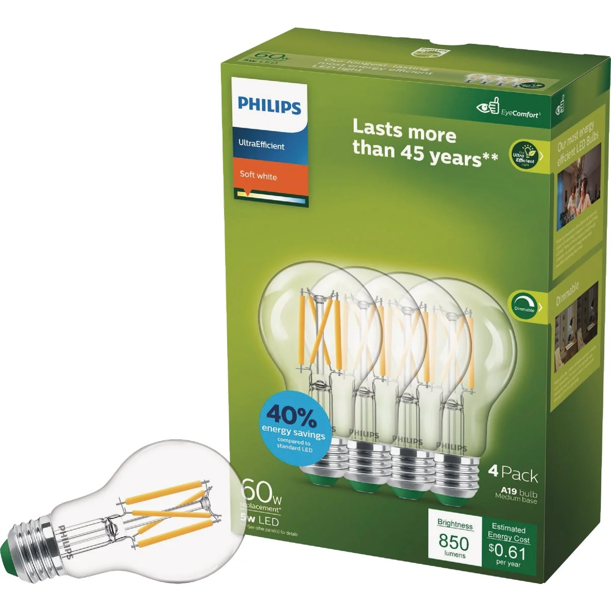 Natural Philips Ultra Efficient 60W Equivalent Soft White Clear A19 LED Bulb 4-Pack Consistent