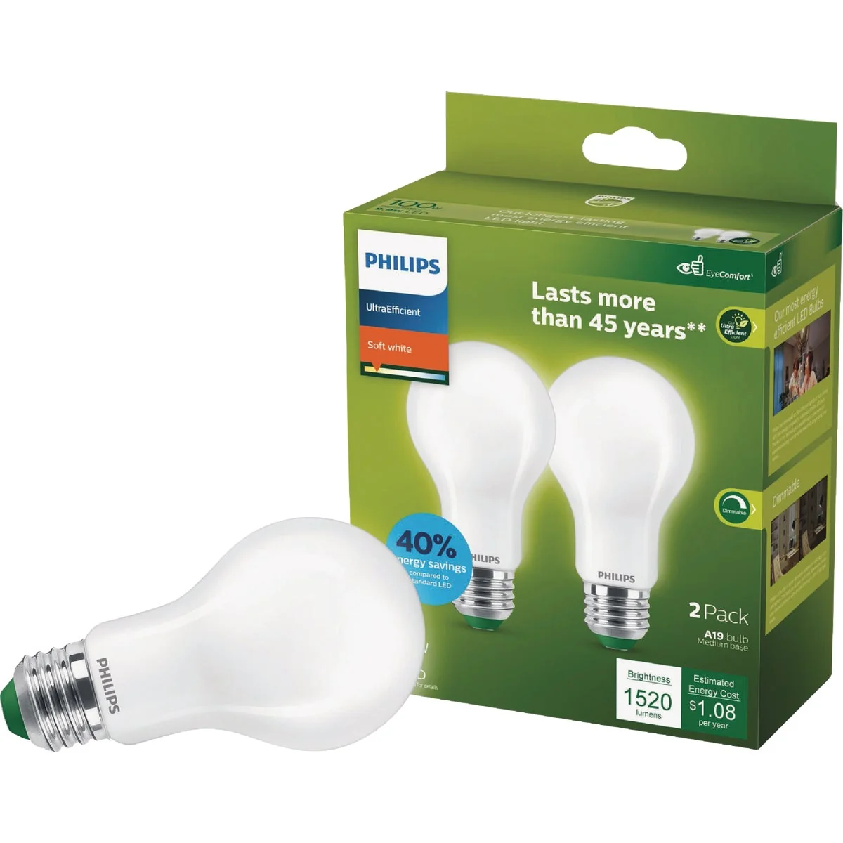 Elite Philips Ultra Efficient 100W Equivalent Soft White Frosted A19 LED Bulb 2-Pack Trusted
