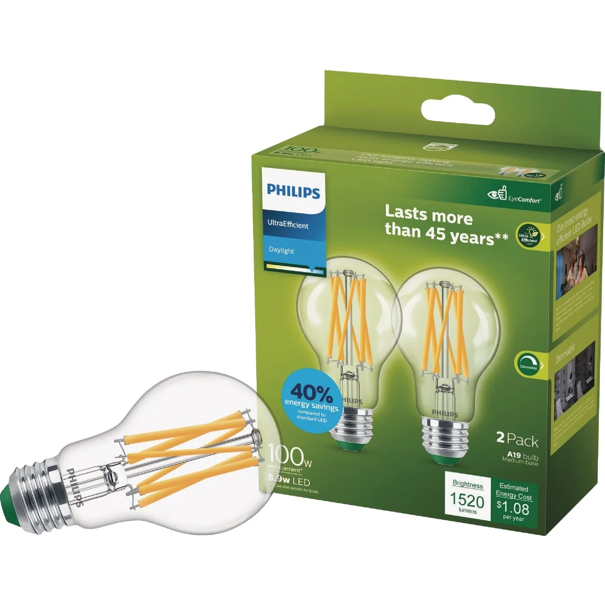 Healthy Philips Ultra Efficient 100W Equivalent Daylight Clear A19 LED Bulb 2-Pack Dependable