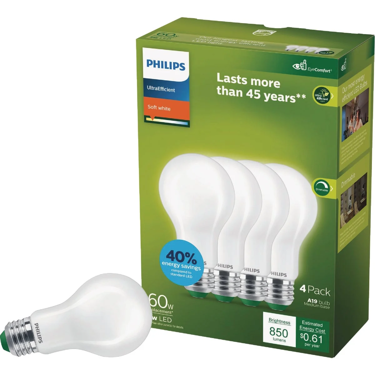 Durable Philips Ultra Efficient 60W Equivalent Soft White Frosted A19 LED Bulb 4-Pack Premium Material