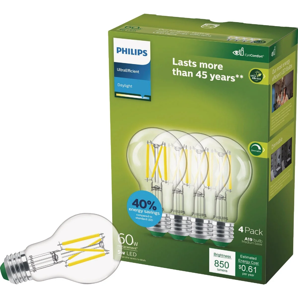 Top-Quality Philips Ultra Efficient 60W Equivalent Daylight Clear A19 LED Bulb 4-Pack Green
