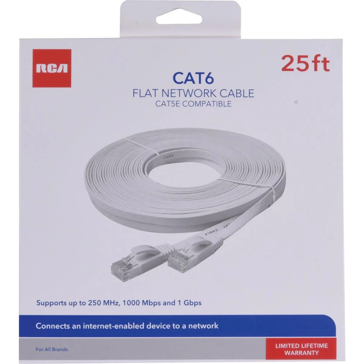 Casual RCA 25 Ft. CAT-6 White Flat Network Cable User-Friendly