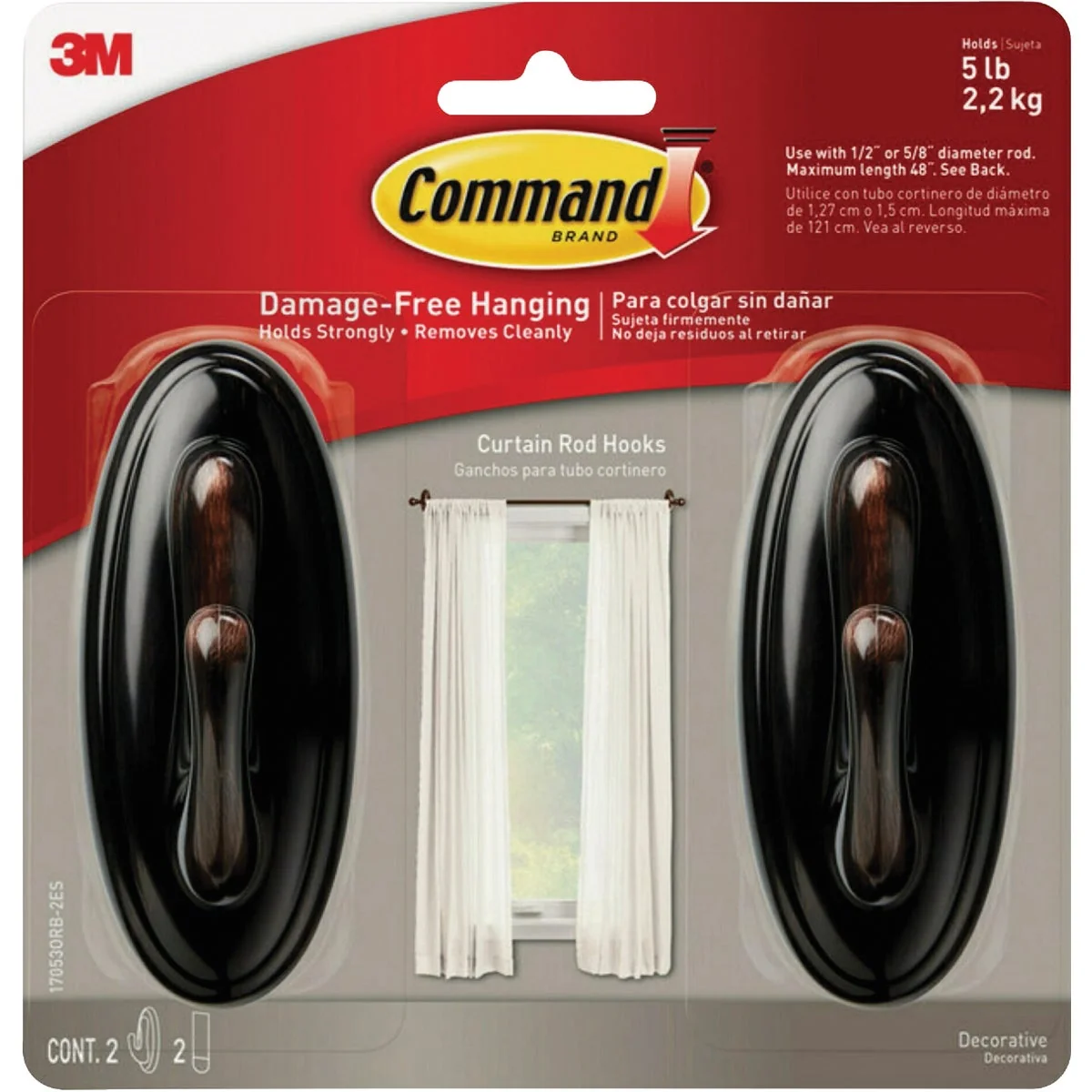 Traditional Command Oil Rubbed Bronze Curtain Rod Hook 2 Hooks 2 Strips Superior