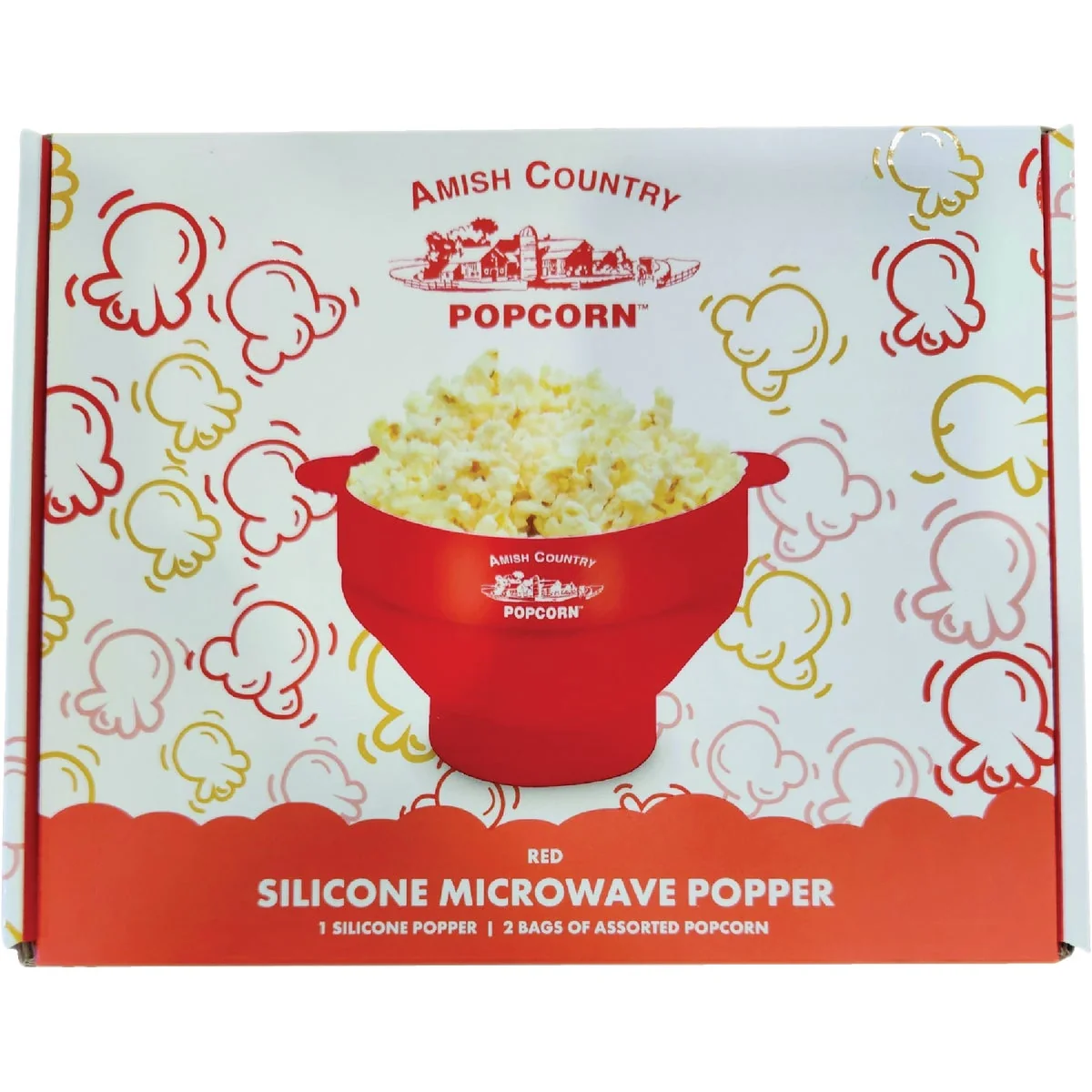 Authentic Amish Country Popcorn Red Silicone Microwave Popper with 2 Assorted Bags of Popcorn Crafted