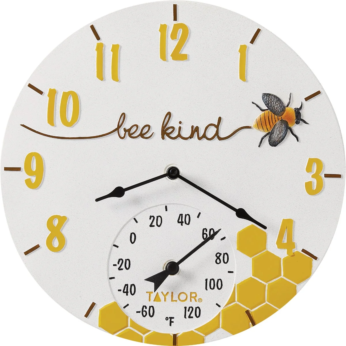 Recyclable Taylor 14 In. Bee Kind Poly-Resin Clock and Thermometer Luxury