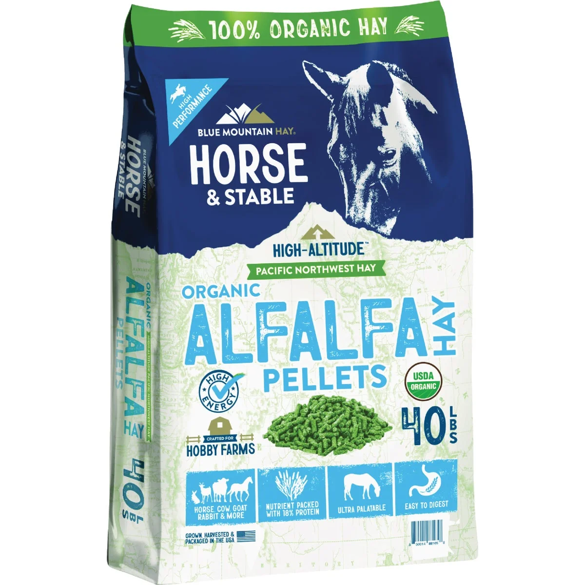 Eco-Friendly Blue Mountain Hay High Altitude 40 Lb. Organic Alfalfa Hay Pellets Expertly Made