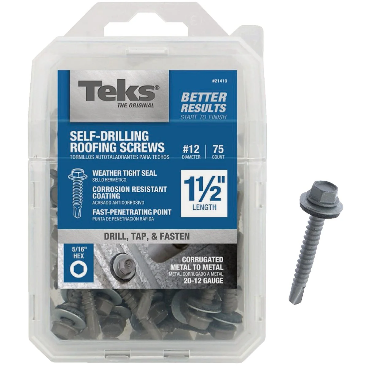 Powerful Teks 12 x 1-1 2 In. Hex Washer Head Self-Drilling Metal to Metal Roofing Screw 75 Ct. Eco-Friendly