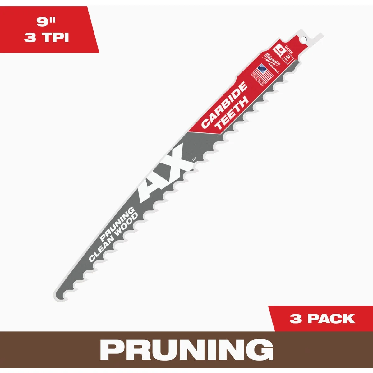 Advanced Milwaukee SAWZALL AX 9 In. 3 TPI Carbide Pruning Reciprocating Saw Blade 3-Pack Long-Lasting
