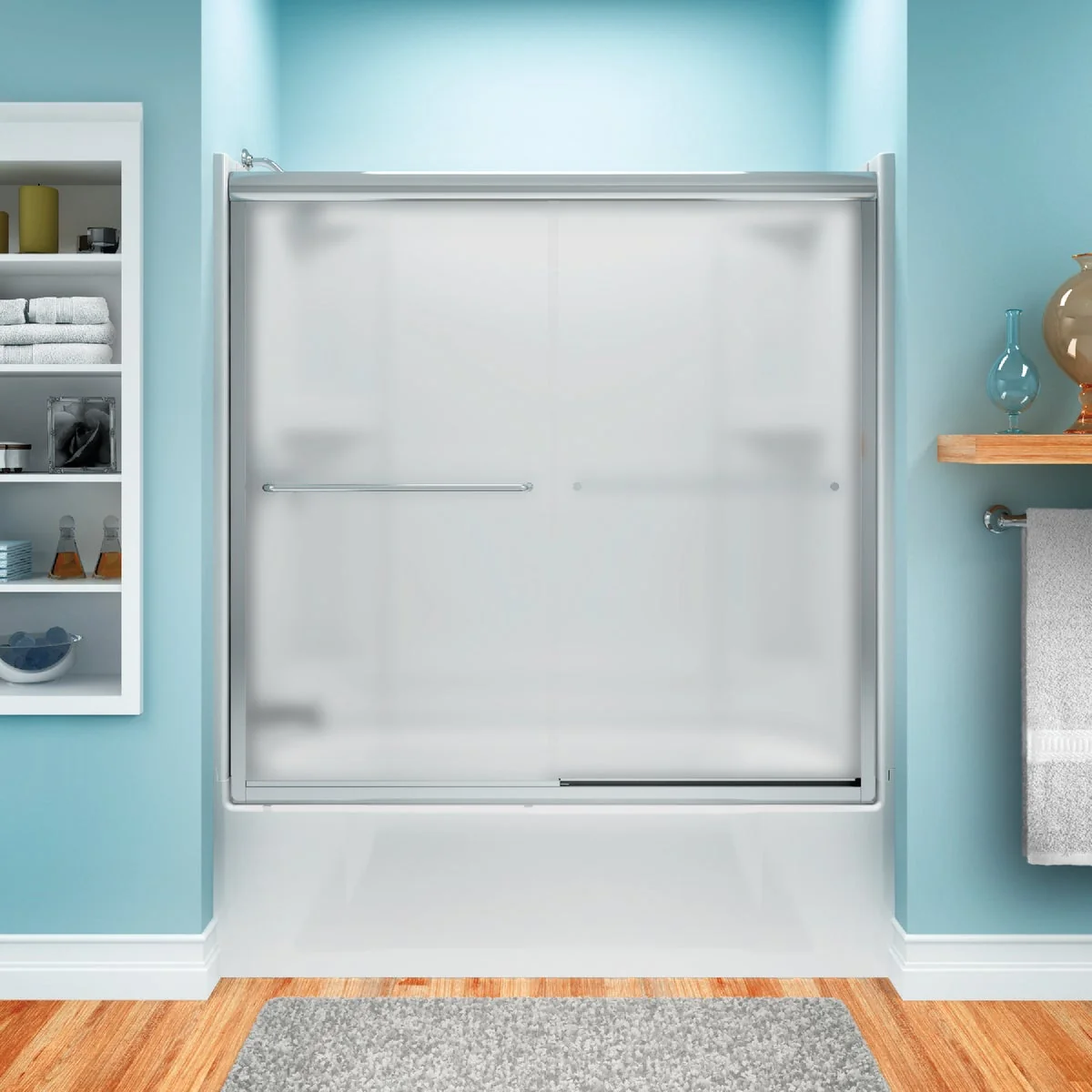 Reusable Sterling Finesse 59-5 8 In. W X 55-3 4 In. H Chrome Semi-Frameless Frosted Glass Sliding Tub Door Reliable