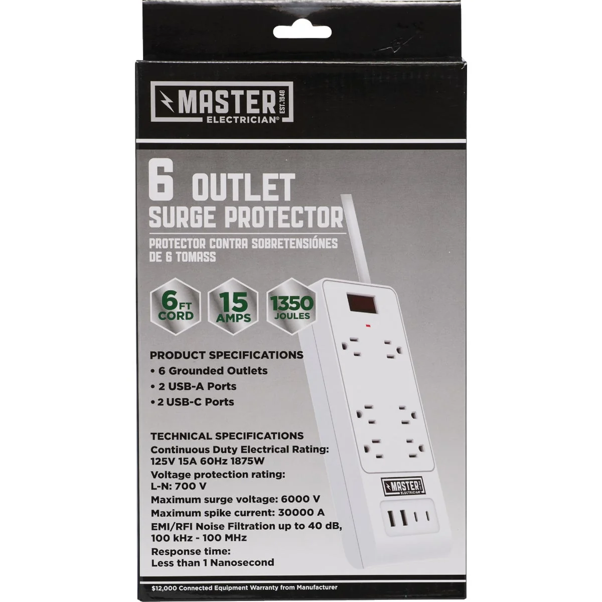 Sophisticated Master Electrician 6-Outlet 4 USB 1350J White Surge Strip with 3 Ft. Cord Minimalist