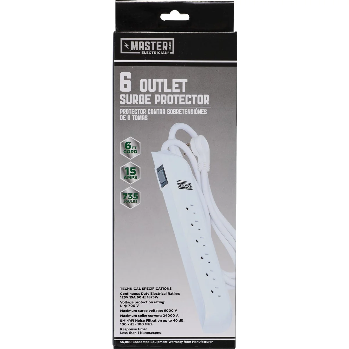 Natural Master Electrician 6-Outlet 4 USB 980J White Surge Protector Carefully Designed