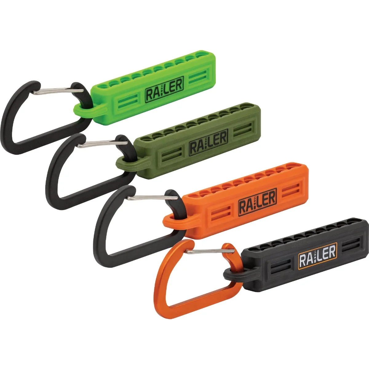 Fast Railer 10-Hole Bitrails in Black Orange Hi-Vis Green Camo Green with Carabiners 4-Pack Fine Crafted