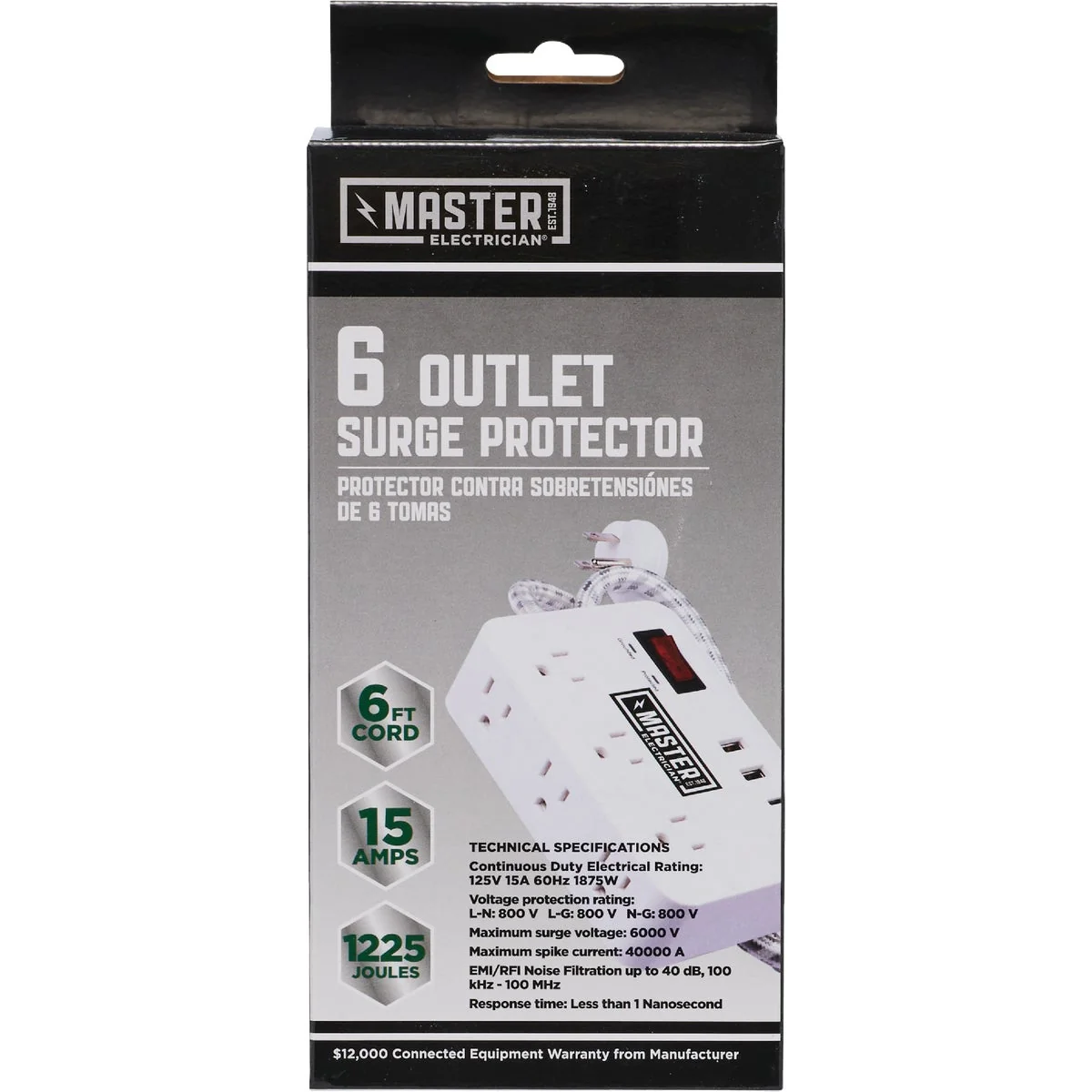 First-Class Master Electrician 6-Outlet 2 USB White Surge Strip with 6 Ft. Cord Detailed