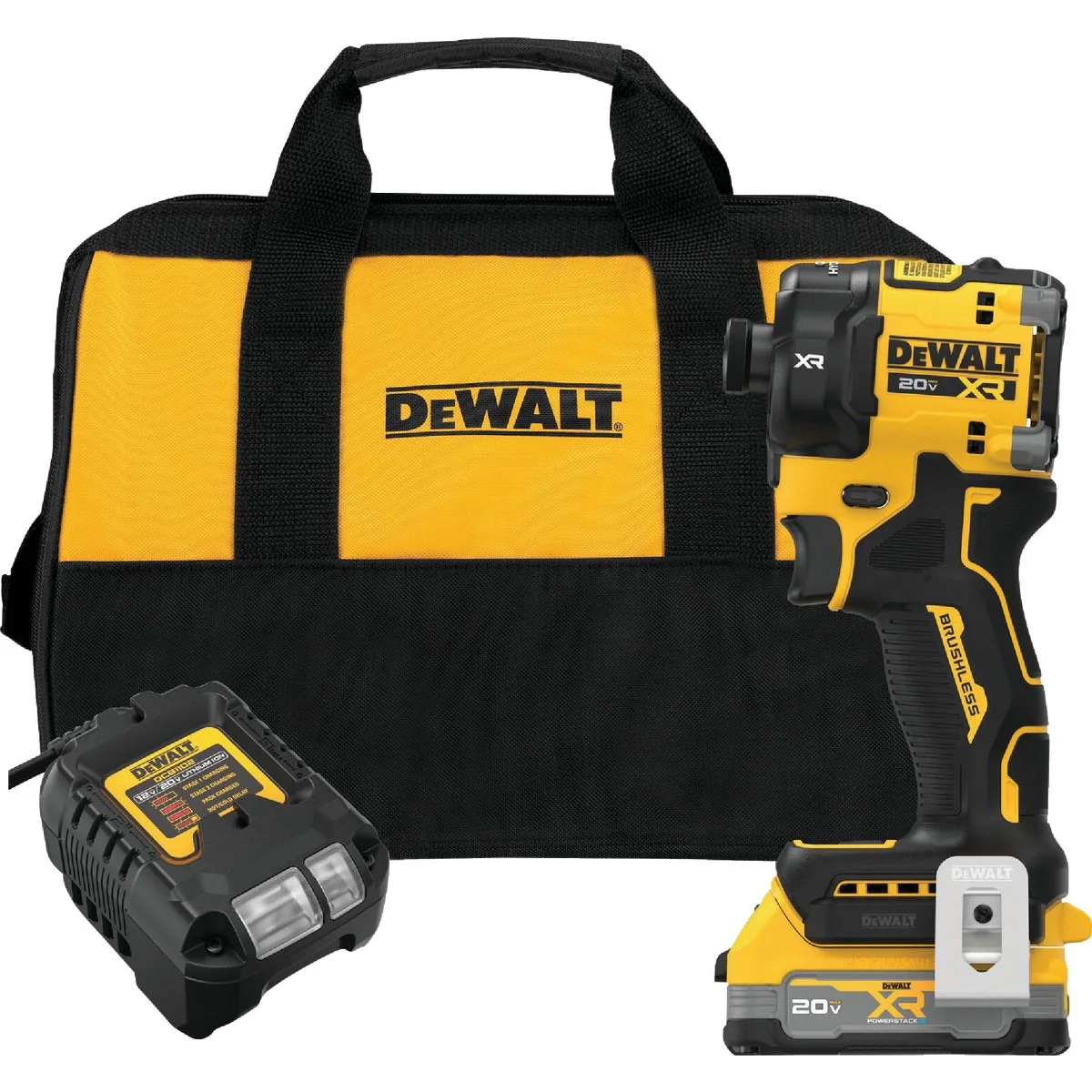 Clean DEWALT 20V MAX XR 1 4 In. Quite Hydraulic Brushless Cordless Impact Driver Kit with XR POWERSTACK Battery Charger Lightweight