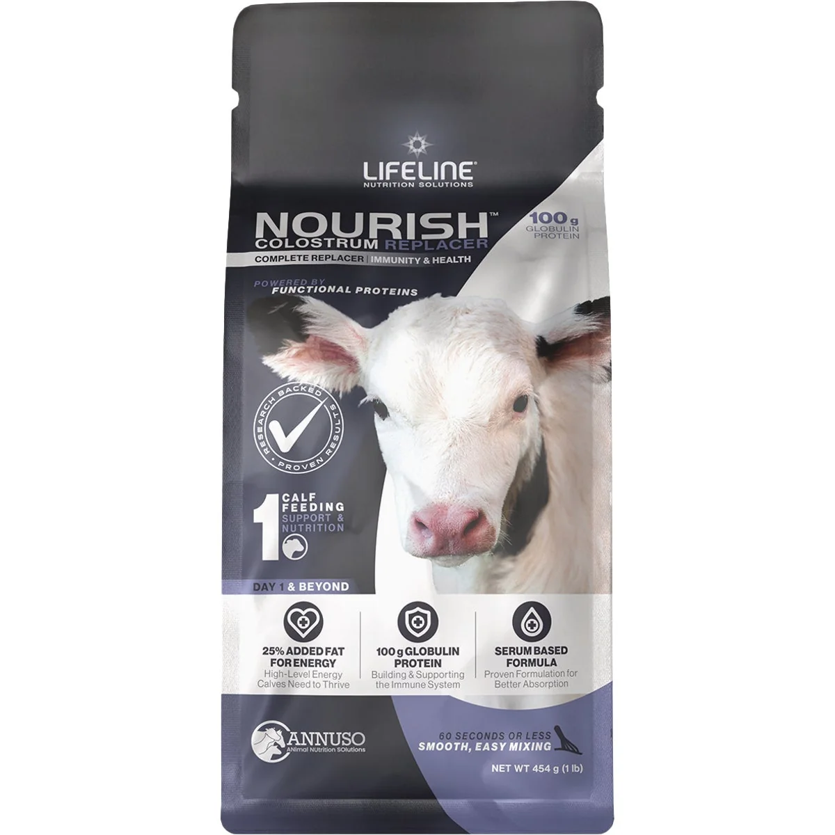 Fine LifeLine Nourish 1 Lb. 100G Globulin Protein Complete Colostrum Replacer for Calves Organic