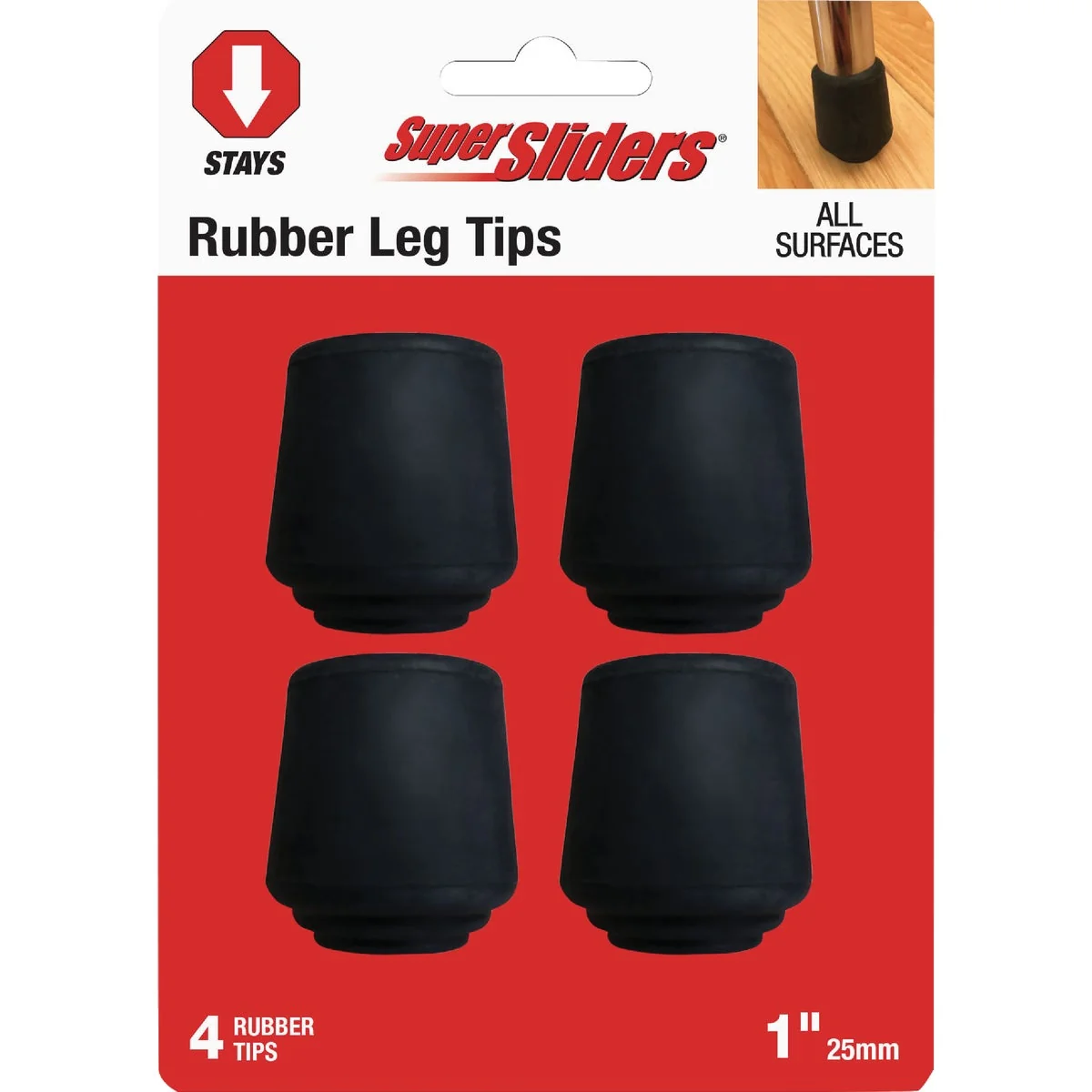 Solid Super Sliders 1 In. Black Rubber Furniture Leg Tip 4-Pack Genuine