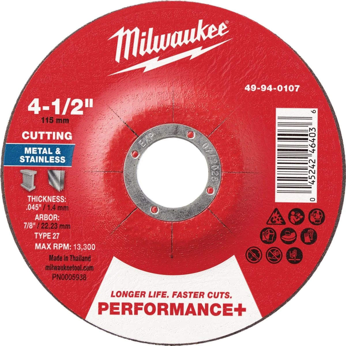Expertly Made Milwaukee Type 27 4-1 2 In. x .045 In. x 7 8 In. Performance-Plus Metal Cut-Off Wheel Reliable