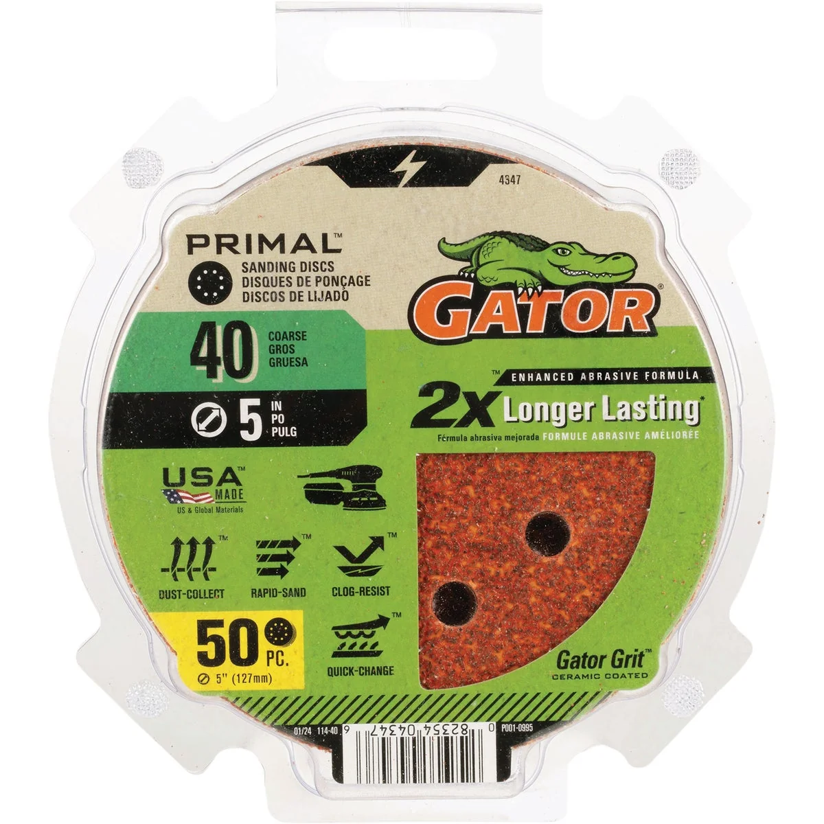 Traditional Gator 5 In. 8-Hole 40-Grit Hook Loop Sanding Disc 50-Pack Professional