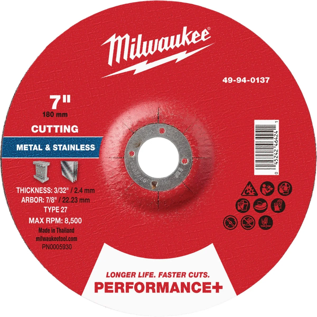 World-Class Milwaukee Type 27 7 In. x 3 32 In. x 7 8 In. Performance-Plus Metal Cut-Off Wheel Green