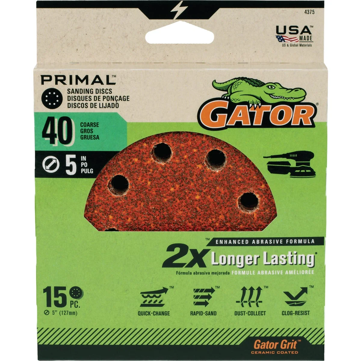 Outstanding Gator 5 In. 8-Hole 40-Grit Hook Loop Sanding Disc 15-Pack World-Class