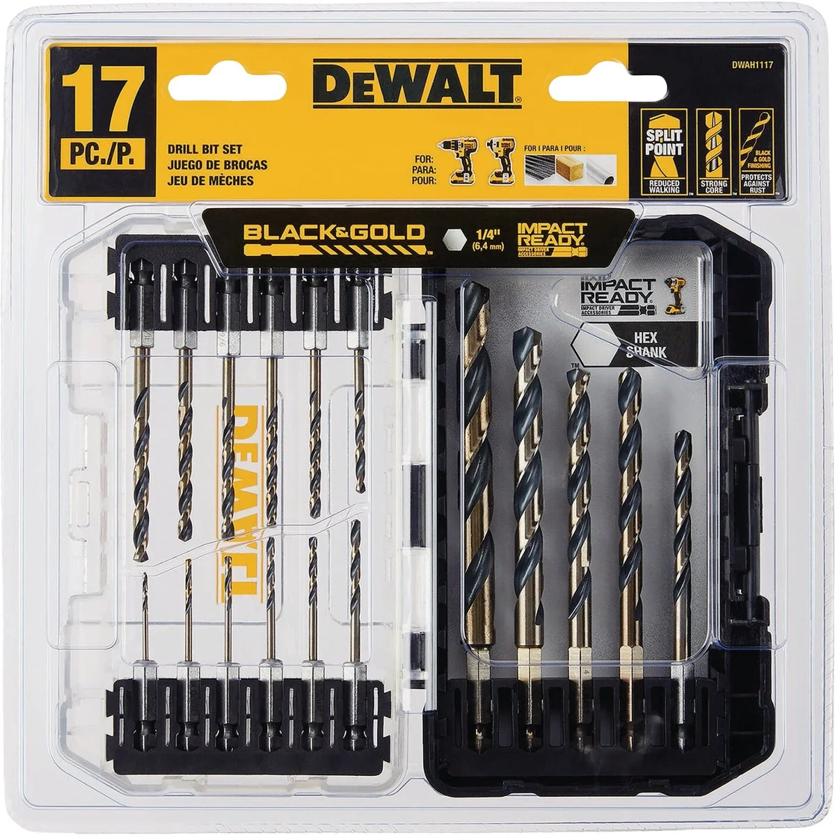 Minimalist DeWalt Black Gold Impact Ready High Speed Steel Hex Shank Drill Bit Set 17-Piece Detailed