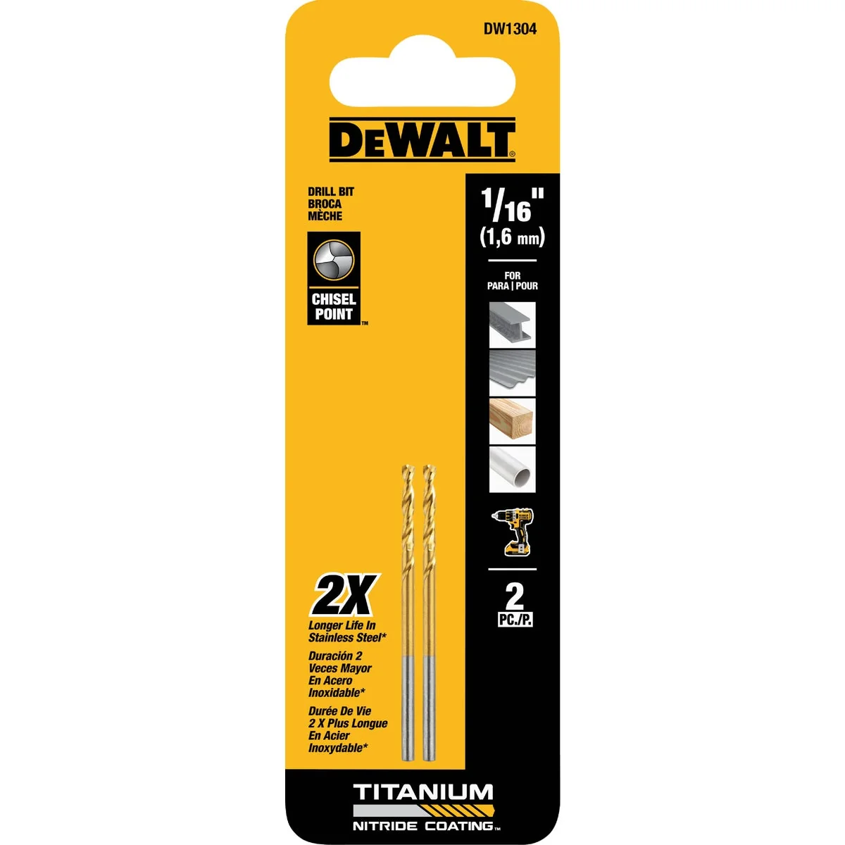Smooth Dewalt 1 16 In. Titanium Nitride Coated HSS Jobber Length Twist Drill Bit 2-Pack Trusted