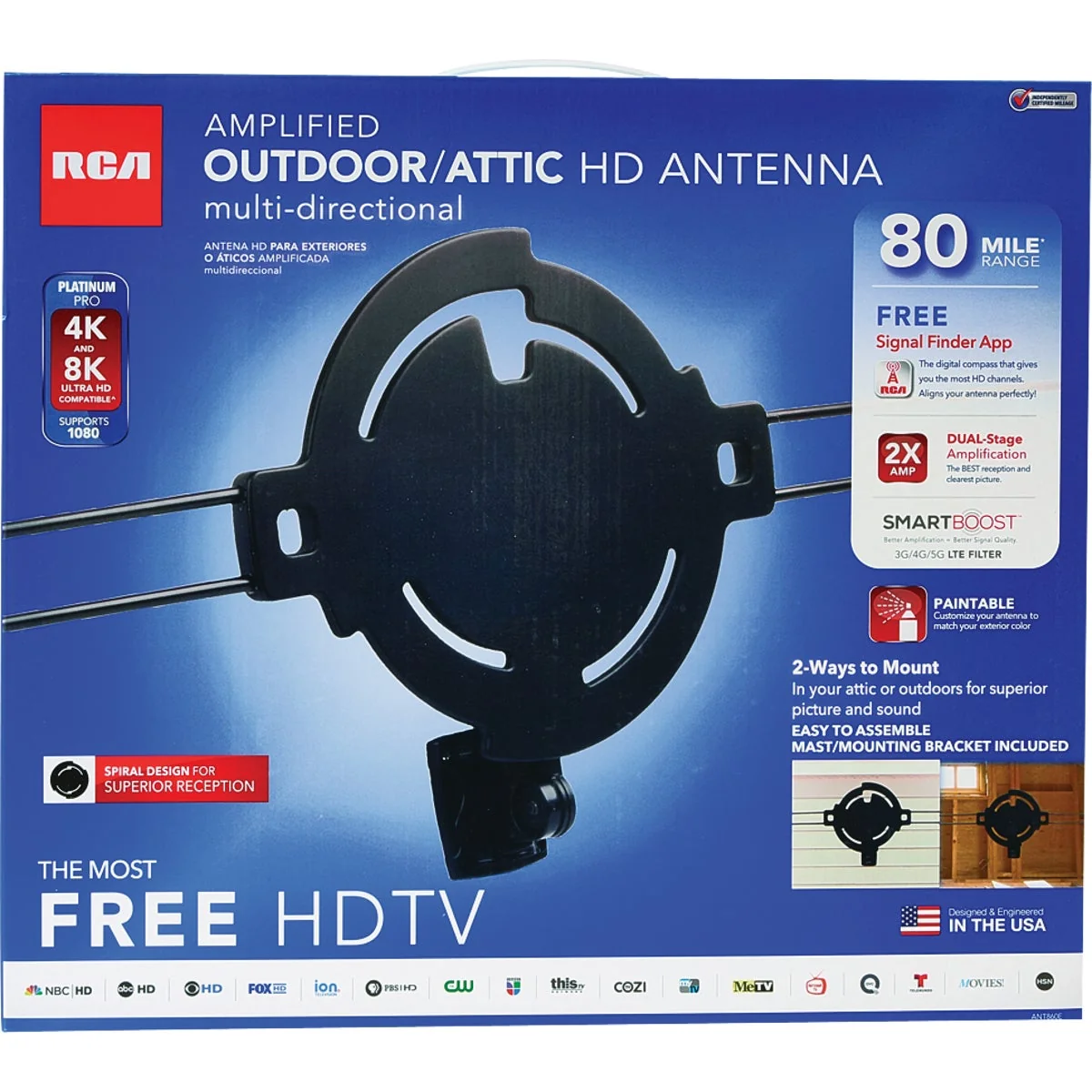 Artisan RCA Amplified Black Outdoor Attic HD Multi-Directional Antenna Luxury
