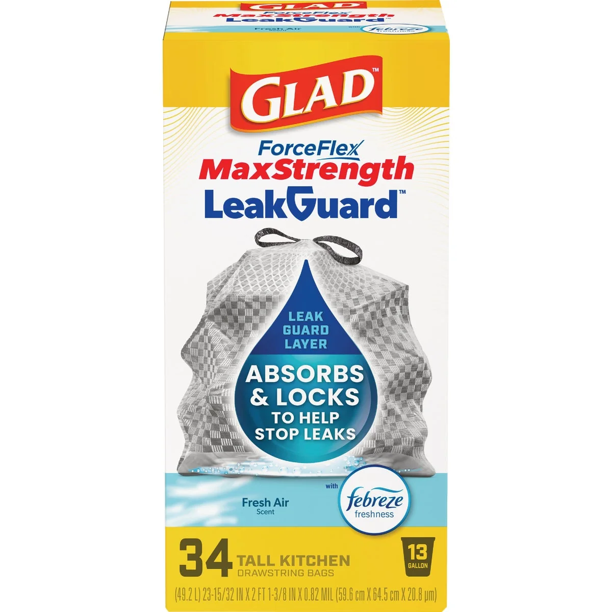 Recyclable Glad ForceFlex 13 Gal. MaxStrength Fresh Air Tall Kitchen Drawstring Trash Bag 34-Count Premium