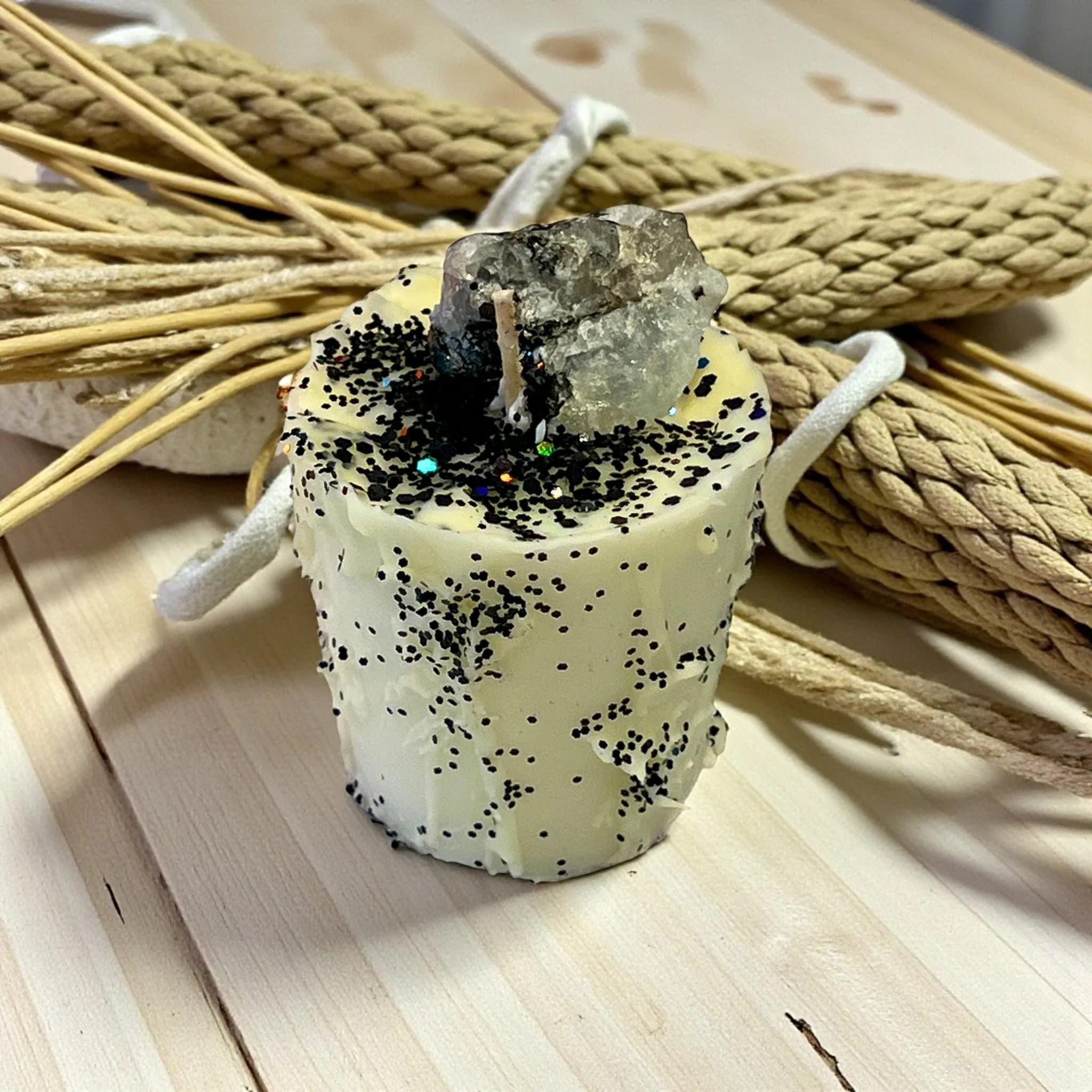 Casual Intention Votive Drip Candle Moonstone Crystal with Black Glitter Drip Exclusive