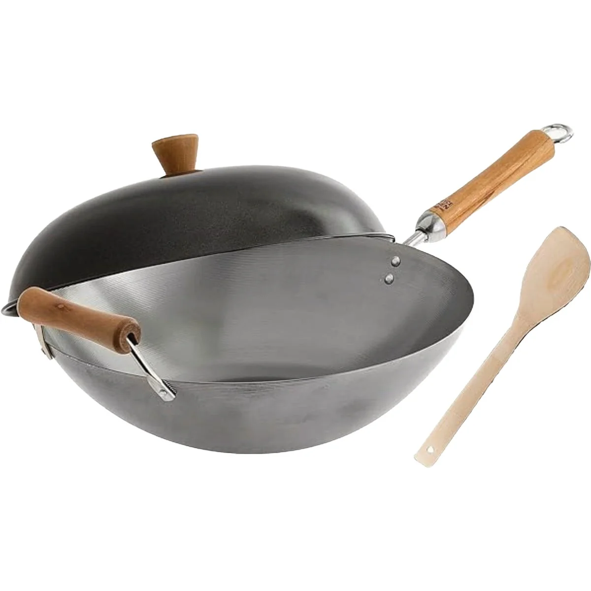 Solid Joyce Chen Classic Series 14 In. Uncoated Carbon Steel Flat Bottom Wok Set with Lid and Birch Handles 4-Pc. Smooth