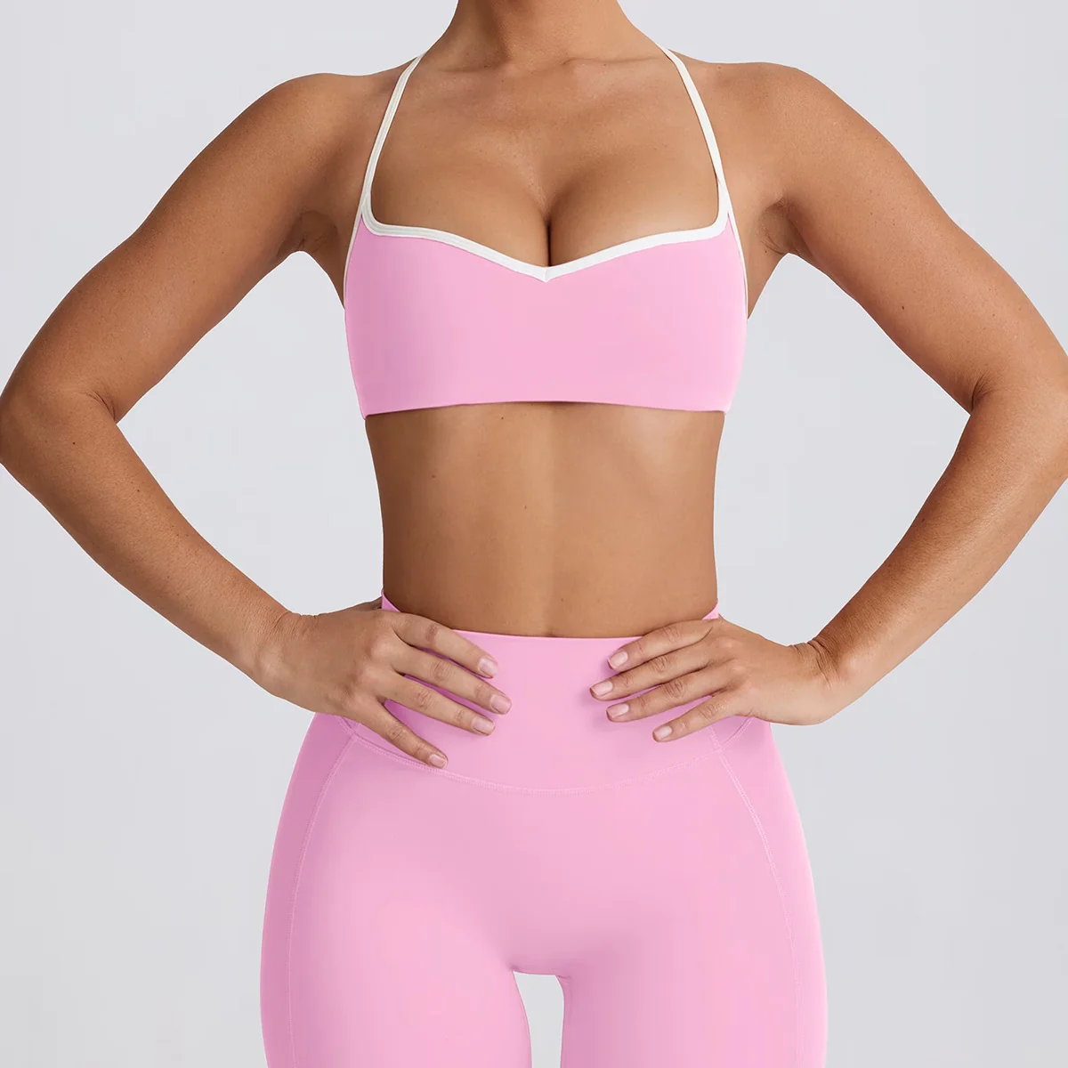 Selected Women’s Yoga Set – Contrast Sports Bra Peach Lift Cropped Leggings Eco-Friendly