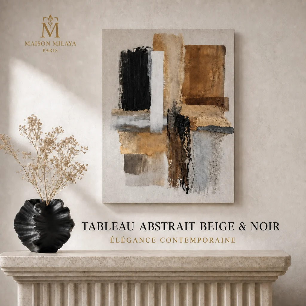 Traditional Tableau Abstrait Beige Noir – Élégance Contemporaine – Maison Milaya Carefully Designed