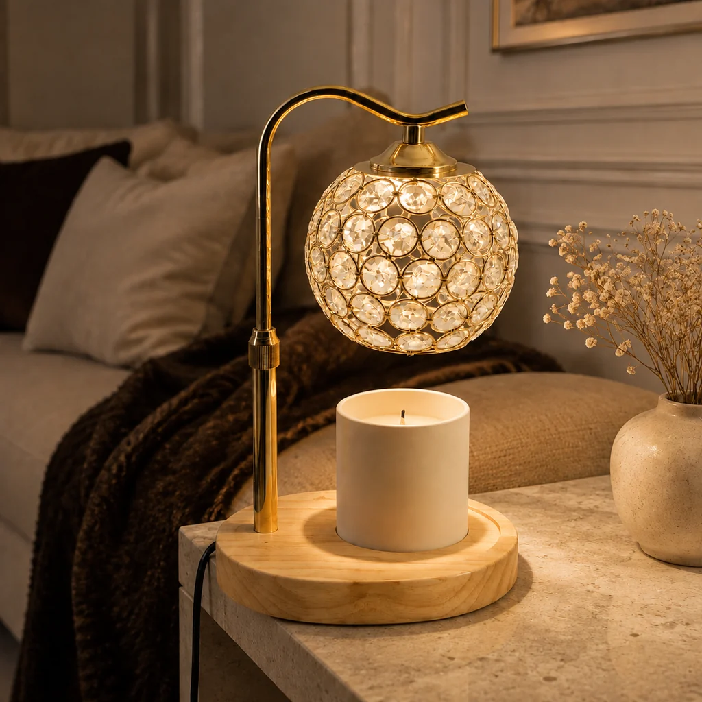 High-Grade Lampe Chauffe-Bougie à Abat-Jour Rond Facetté – Maison Milaya Contemporary