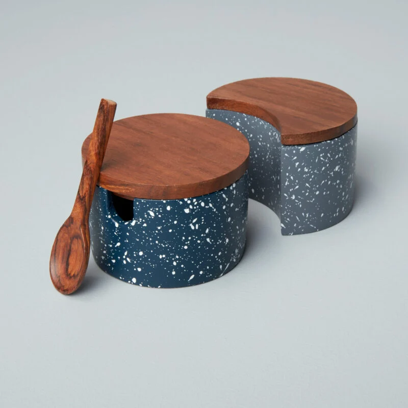 Detailed Speckled Cement Interlocking Cellar Set with Wood Lid and Spoon – Midnight Slate Certified