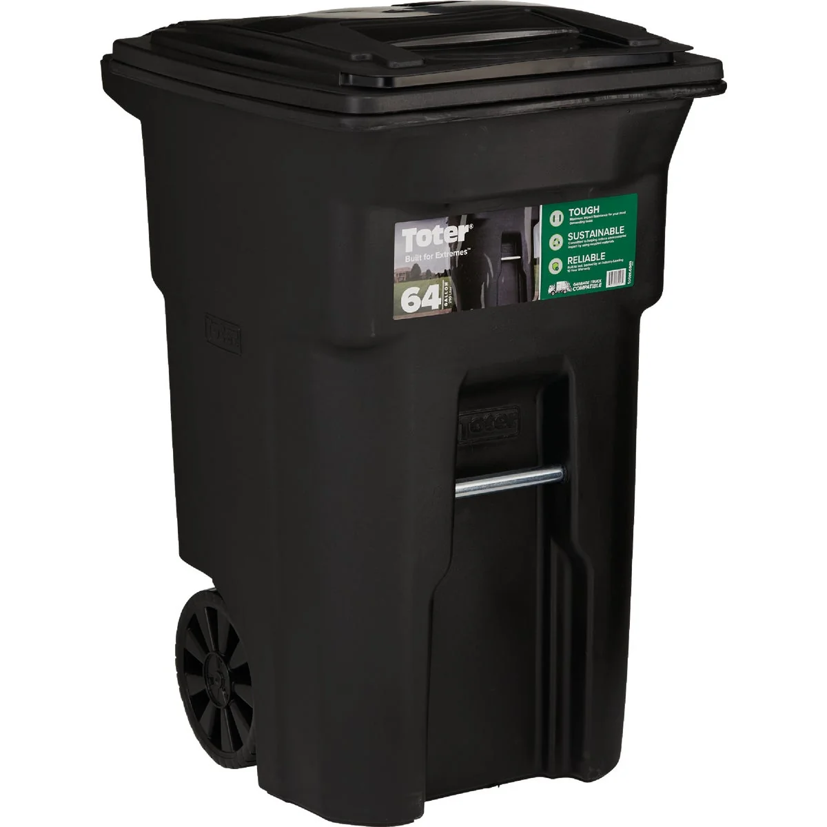 Healthy Toter 64 Gal. Black Outdoor Trash Can With Attached Lid and Wheels Professional