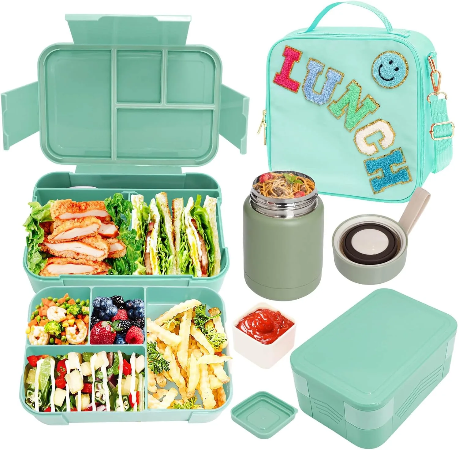 Secure Girl Lunch Bag with 6 Compartment Bento Box with 10oz Thermo- Preppy Green Nylon Insulated Lunch Box Adjustable Strap Genuine