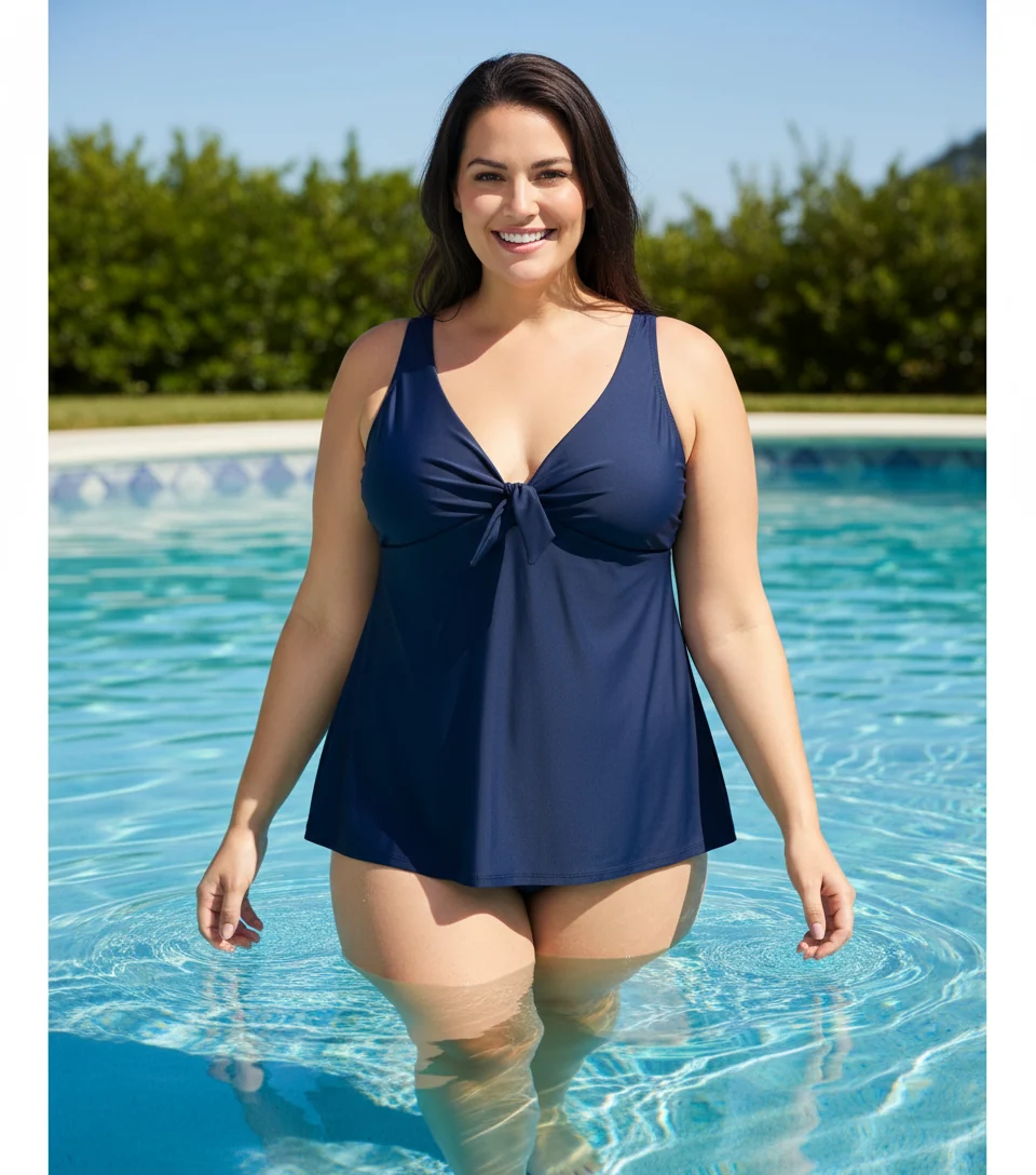 High-Quality HEAT Navy Plus V-Neck Bow Tie Tankini -Navy Fast