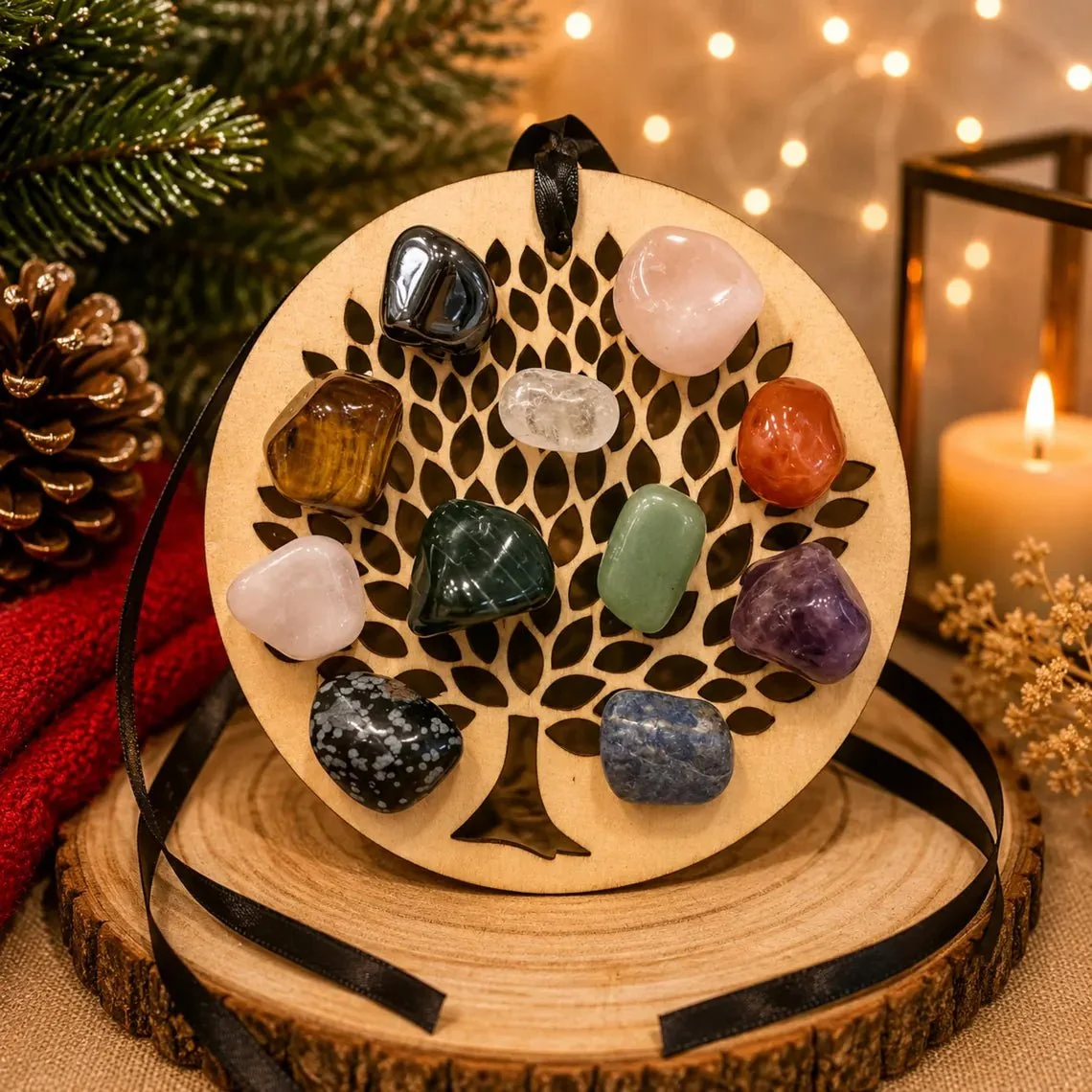 Artisan Wood Engraved Tree of Life Christmas Ornament Sacred Symbol Healing Pure