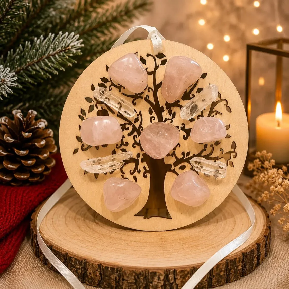 Dependable Rose Quartz Crystal Tree of Life Christmas Ornament Wood Holiday Gift Relaxed
