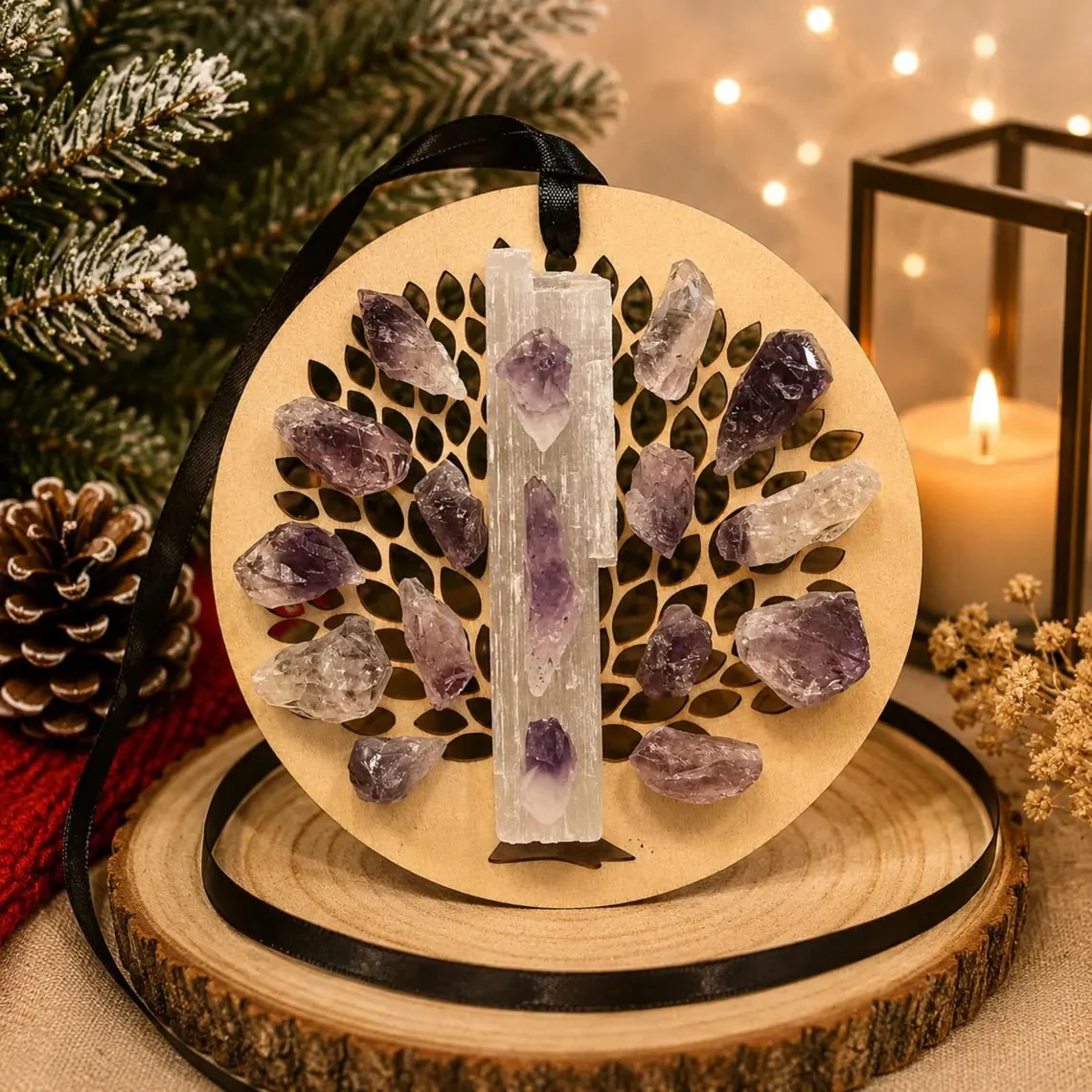 Flexible Wooden Tree of Life Christmas Ornament Selenite Hanging Holiday Decor Contemporary