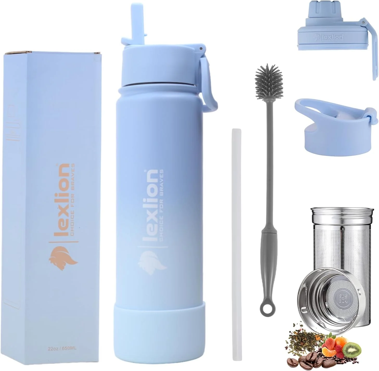Authentic Lexlion Tea Infuser Water Bottle 22 Oz Triple Walled Insulated Stainless Steel Bottle Thermal Fruit Leaf Infuser Silicone Sleeve 3 Lids Leakproof Natural