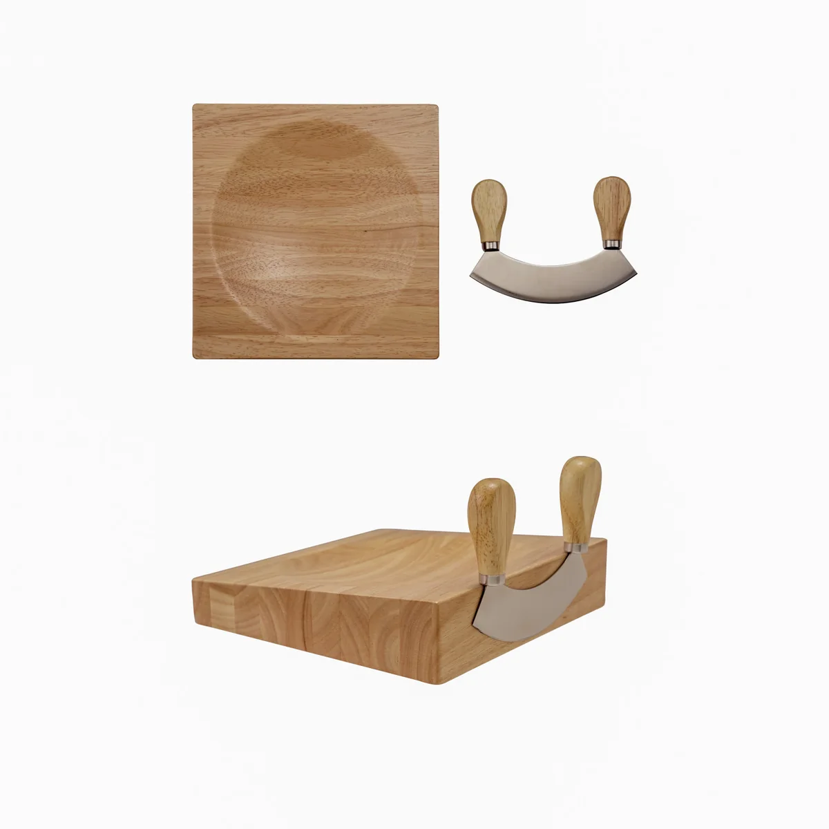 Minimalist Rubberwood Stainless Steel Mezzaluna 8-inch Square Cutting Board w Magnets Advanced