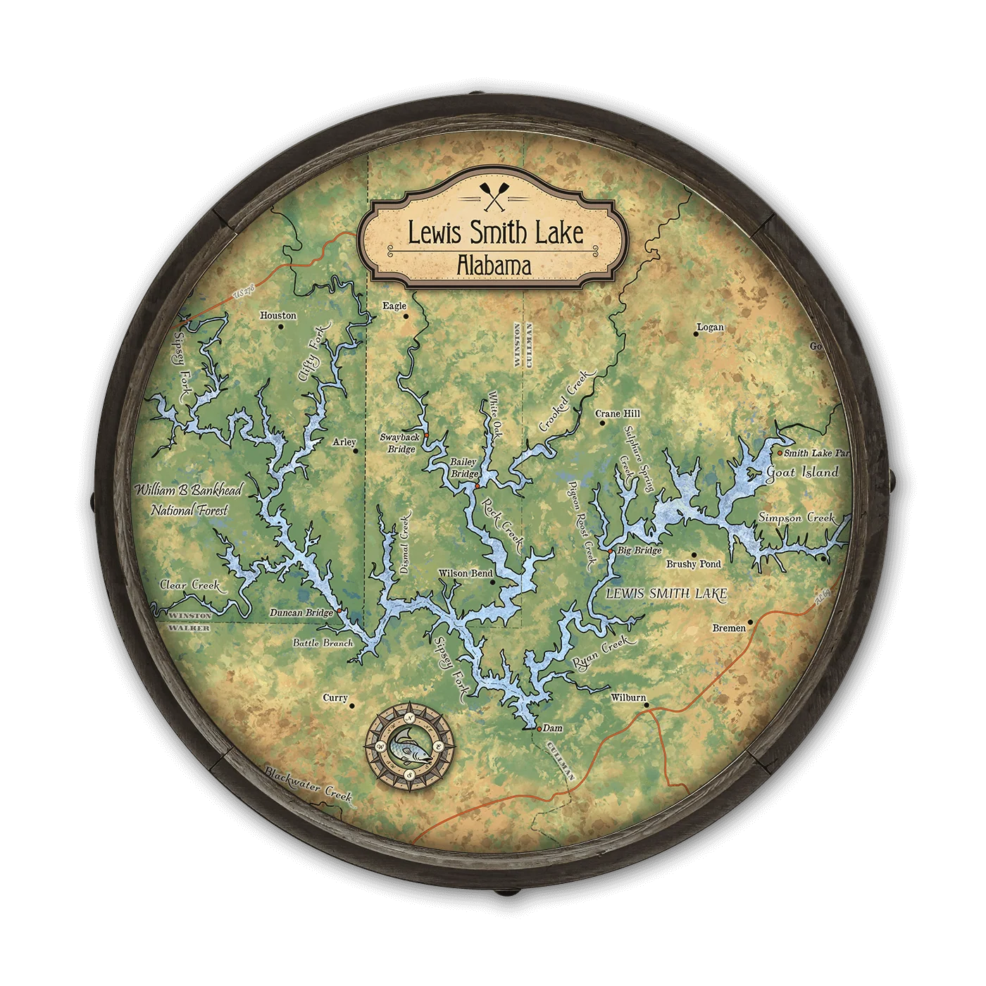 Top-Quality Lewis Smith Lake Alabama Illustrated Map – Barrel End Authentic